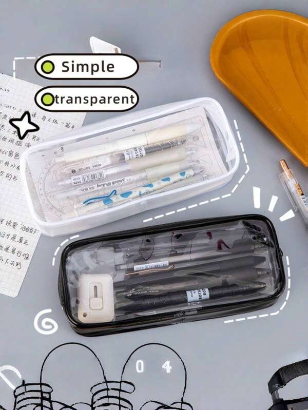 1pc Clear PVC Zipper Pencil Bag Toiletries Exam Pen Pencil Pouch Case Travel Luggage Make Up Cosmetic Bag (Black And White), Back To School, School Supplies,Pencil Case,Pencil Pouch,School Bag