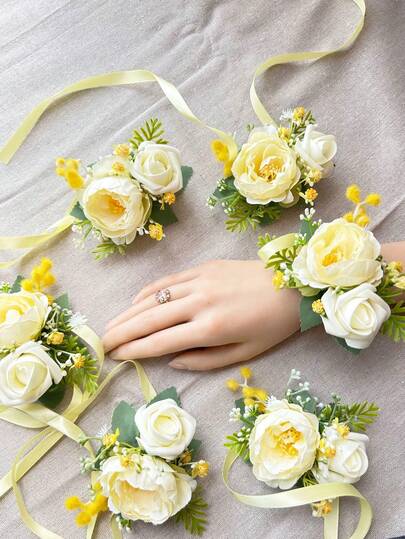 1pc/6pcs Artificial Flower Bride Wrist Corsage Bridesmaid Sister Hand Flower Wedding Flowers Party Decoration Valentine's Day Accessories