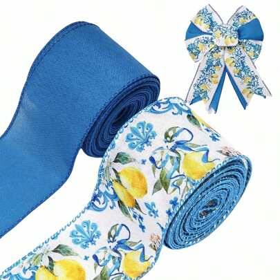2 卷柠檬色有线边缘 2.5 英寸蓝色瓷砖柠檬织物工艺丝带适用于春夏季派对生日礼物包装花环蝴蝶结 DIY 工艺品