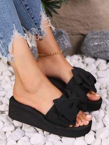 女士蝴蝶结系带凉鞋，高跟厚底，防滑，适合海滩、旅行、休闲日常穿着，夏季