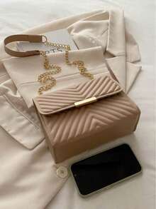 Fashion Solid Quilted Chain Shoulder Bag - Khaki - View 6