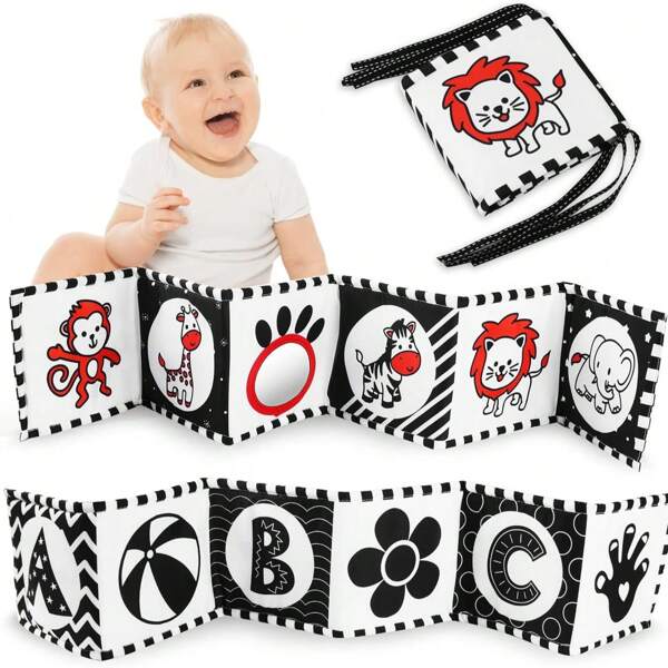 Jouets pour bébés noir et blanc, jouets à contraste élevé pour le temps de tummy time pour nouveau-nés de 0 à 3 mois, livre bébé doux, jouets sensoriels pour la stimulation visuelle Montessori pour nourrissons de 0 à 6-12 mois, cadeau de douche, fourre-tout pour le panier de Pâques, livres d'activité en tissu doux avec un thème animalier et un miroir, jouets livres en tissu pour bébés, livres en tissu doux convenant aux nourrissons et aux tout-petits.