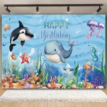 Fond de photographie d'anniversaire Monde sous-marin, poissons marins, requins, dauphins, baleines, décor de fête d'anniversaire sous-marin