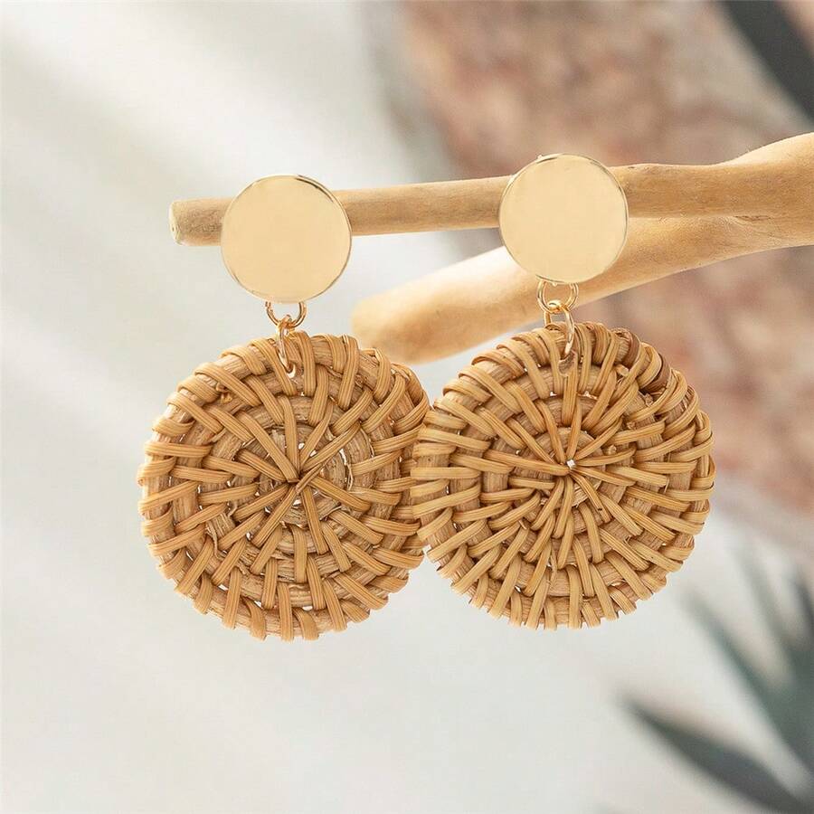 1 Pair Handmade Rattan Circle Drop Earrings, Geometric Design, Versatile For Women - Multicolor - View 1