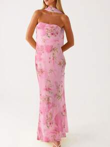 Women Y2k Floral Tube Maxi Dress With Scarf Sleeveless Strapless Backless Mesh Long Bodycon Dresses Formal Cocktail Sundress - Hồng - Xem 2