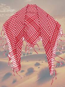 1 pieza Pañuelo de cabeza árabe, pañuelo a cuadros rojo y blanco con adorno de flecos resistente al viento para exteriores, pañuelo versátil de tela bohemia para la cabeza, para todas las estaciones