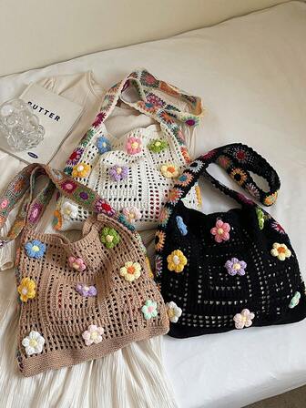 1 件新款女孩花卉装饰针织大容量单肩包，开放式顶部带封口，轻巧便携，时尚，优雅，非常适合度假风格、日常外出、购物、聚会或作为送给朋友的礼物