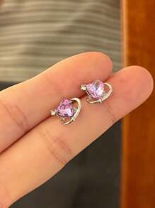 6pcs/Set Stylish Purple Geometric Unicorn, Starry Diamond, Heart & Moon Stud Earrings Set