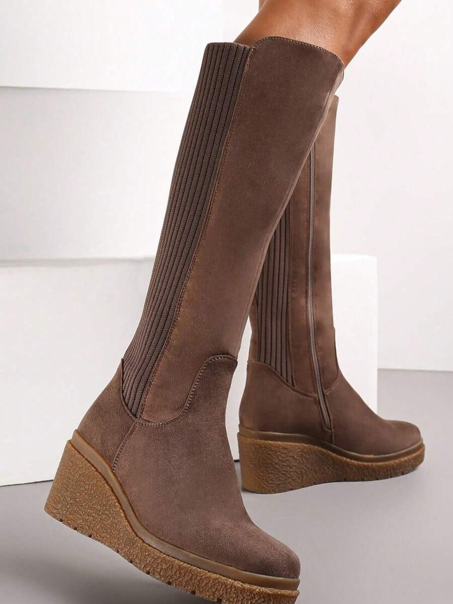 2025 Herbst und Winter Damen Kniehohe Stiefel Braun Elegant Keilabsatz Dicke Sohle Schulanfang Saison Valentinstag geeignet für Dates, Partys, Einkaufen und Pendler - Khaki - Übersicht 1