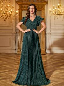 Women V-Neck Ruffle Sleeve Waist Shiny Elegant Party Evening Dress