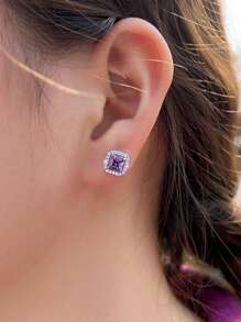 1 Pair 925 Sterling Silver Purple Amethyst Cubic Zirconia Square Stud Earrings For Women, Fine Jewelry Wedding Bridal Party Accessories, Holiday Gift