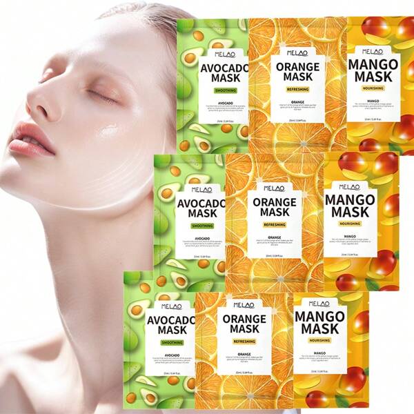 3 Pacotes / 9 Unidades Máscara Facial de Frutas GZE Hidratante Unissex, Máscara de Folha de Frutas à Base de Plantas para Todos os Tipos de Pele, Cuidado Diário Conveniente com Glicerina e Hidratação