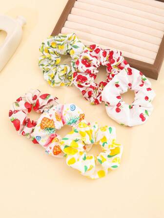 6 pièces Chouchous à motif de fruits pour filles, accessoires de cheveux à imprimé pastèque, citron, pomme pour usage quotidien
