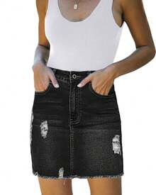 Women's Mini Denim Skirt Casual Antique Wash Grinding Edges With Pocket Elastic Pencil Skirt - 黑色 - 查看 3