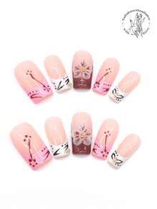 10片纯手工按压式指甲，手工凸起小花，手绘线条，小圆点，小金球。适合日常休闲度假，出席宴会、聚会、舞会等活动时均可佩戴。