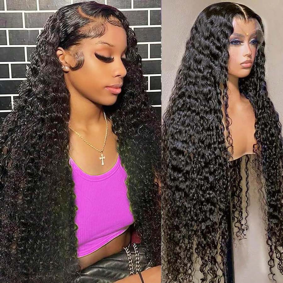36 Inch Deep Wave Lace Front Wigs Human Hair 13x4 HD Lace Front Wigs Human Hair Pre Plucked Curly Deep Wave Wig Human Hair Glueless Frontal Wigs Human Hair For Women Wet And Wavy Wig 200% Density - Natural Black - 查看 1