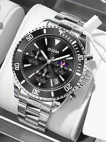 DOM 1pc Men's Fashion Casual Multi-Function Running Seconds Hand Calendar Moon Phase Luminous Waterproof Quartz Sports Watch, Comes With Gift Box, Suitable For Daily Wear And Decoration, Gift For Friends Or Father - Silver - View 4