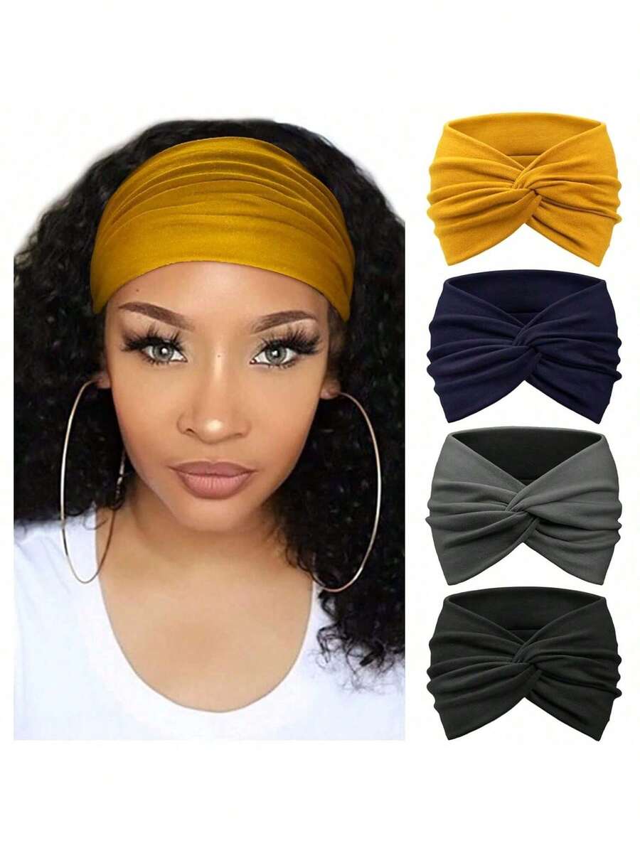 新款纯色宽发带，女士交叉绑带发饰，适合运动、瑜伽，时尚女孩头巾，休闲波西米亚风，欧美运动发带，女士宽版瑜伽弹力发带，跑步发带，运动发饰，头饰，返校发饰 - 彩色 - 查看 1