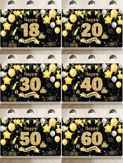 1 pieza Decoración de fondo para fiesta de cumpleaños Tela negra y dorada con globos Tela de fondo para fiesta de cumpleaños Banner de 18, 20, 30, 40, 50, 60 cumpleaños Banner para foto, tamaño del producto 150cm/59in * 100cm/39in