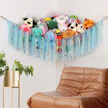 1pc Plush Stuffed Animal Hanging Hammock Net Swing, Large Size Decorative Storage Swing Rack For Home Living Room Bedroom, Cute & Fun Gift Decor, 100X100X150cm Handmade Knitted Triangle Hammock (No Lights Included) - 彩色 - 查看 6
