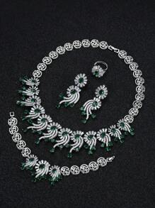 Set de 1 juego de 5 piezas de joyería de lujo con cubic zirconia, collar, aretes, pulsera, anillo con diseño de flor para mujeres, para ocasiones especiales