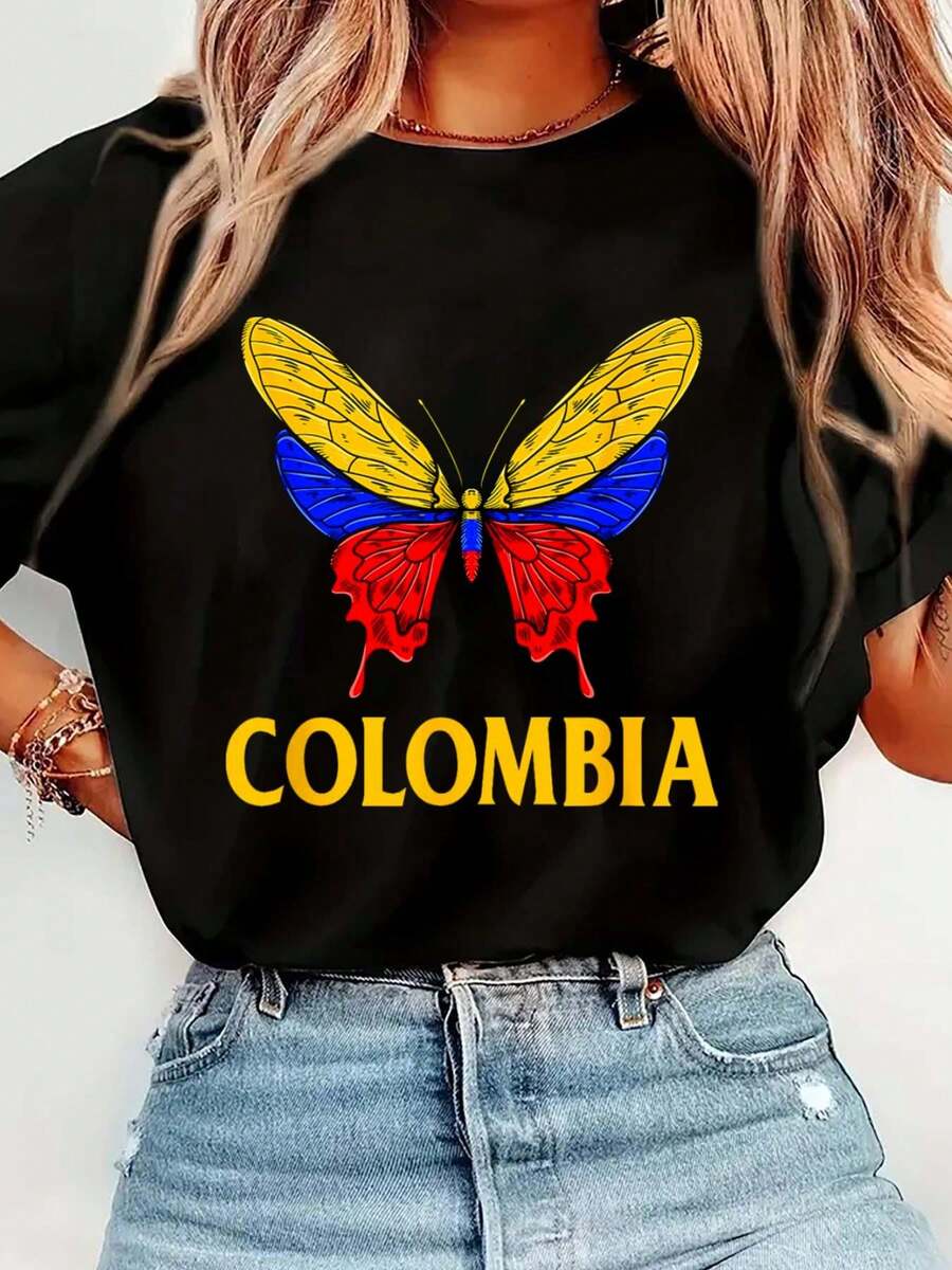 Colombia - Colombian Flag Colombia Heritage T-Shirt Print T-Shirt Casual Crew Neck Short Sleeve Comfort Tee Top For Spring & Summer Women's Clothing - 黑色 - 查看 1