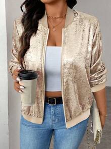 Keke Bloomly 女士轻薄休闲拉链外套，金色箔片装饰，香槟色，大码，时尚开衫，适合所有季节穿着 - 香檳色 - 查看 1