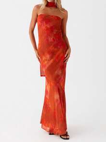 Women Y2k Floral Tube Maxi Dress With Scarf Sleeveless Strapless Backless Mesh Long Bodycon Dresses Formal Cocktail Sundress - 珊瑚橙 - 查看 1