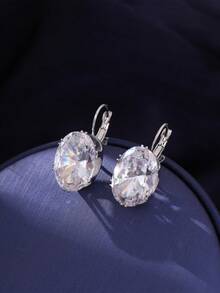 1 Pair Bling Bling Big Oval Cubic Zirconia Hoop Earrings For Women Jewelry Gift - Bạc - Xem 2