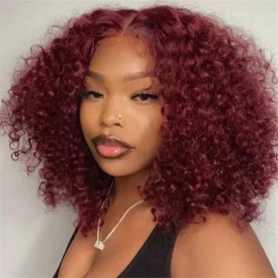 99J Colored Curly Deep Water Wave Lace Front Wig Burgundy Red Remy Short Cut Bob Frontal Human Hair Wigs Women Pre Plucked Wigs - S99J - Xem 1