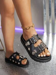 Women's Thick Sole Flip Flops, Summer Beach Vacation Round Toe Punk Style Bat Unique Gothic Style Casual Buckle Rivet Studded Sandals, Suitable For Beach, Party, Outdoor & All Seasons - Black - View 11