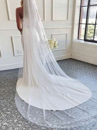 1pc Elegant Bride Single Layer Veil, Soft Nude Tulle Wedding Veil For Chapel, Outdoor Wedding, Photography, Simple Romantic Trailing Fall Clothes For Women