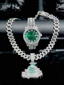 一套男士嘻哈镀金现金袋吊坠项链+绿色手表挂饰