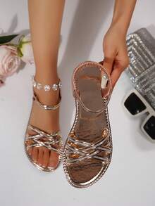 Women's Summer New Fashionable Casual Simple Open Toe Glass Rhinestone Adjustable Strap Flat Sandals - Champagne - View 1