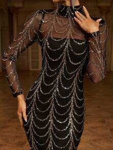 Missord 小高領亮片網紗舞會連衣裙 - 黑色 - 查看 7