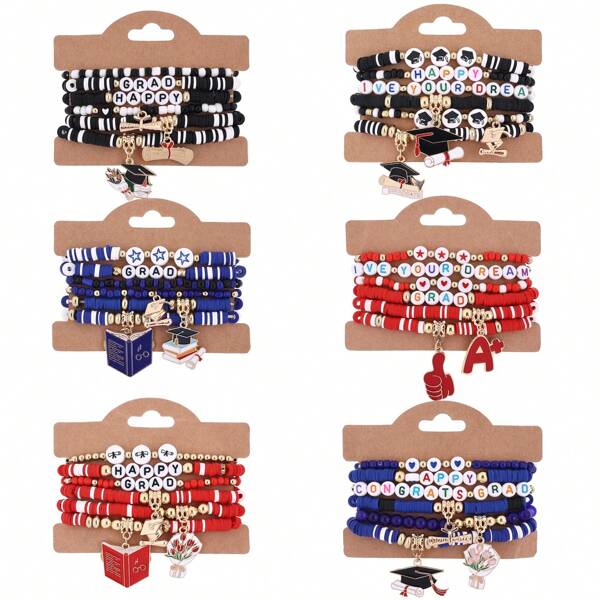 Set de 6 pulseras con tema de graduación, circunferencia de 18.5 cm, adecuado como regalo para graduados