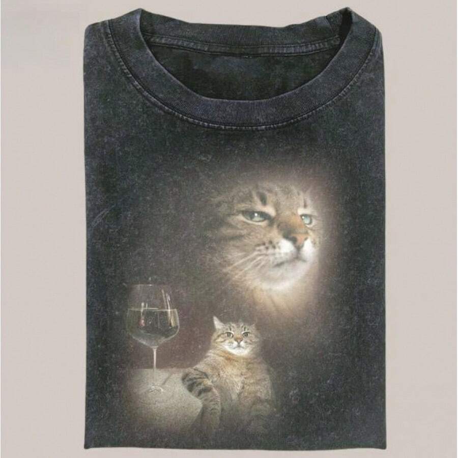 Áo thun cổ điển vui nhộn, Áo phông chân dung mèo, Áo thun unisex meme rùng rợn hài hước, Quần áo nam dạo phố - màu đen - Xem 1