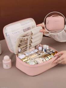 1 pieza Bolsa de maquillaje multifuncional para viaje, estuche portátil de almacenamiento de cosméticos, organizador de baño impermeable, gran capacidad, apto para lápiz labial, perfume, brochas, productos de maquillaje, artículos de tocador, esencial de viaje de verano, compras diarias, fiesta, camping, varios colores, regalo para novia, esposa, madre, estilo bohemio