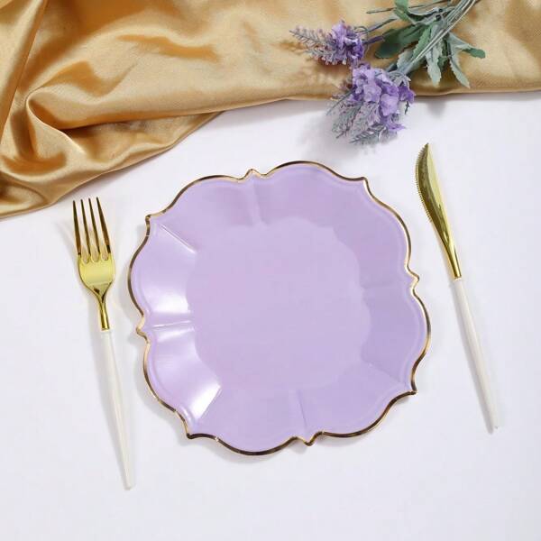 10Pcs/30Pcs/50Pcs-Pack Lilac Lunch Paper Plates Party Plates With Golden Foil Scalloped Edging For Birthday Wedding (9 Inches)