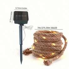 1 Pack 7m/22.97ft 50LED Solar Natural Jute Rope String Lights Vintage Fairy Lights With 8 Lighting Modes For Home Garden Outdoor Landscape Porch Courtyard Camping Wedding Birthday Cafe Bar Decor