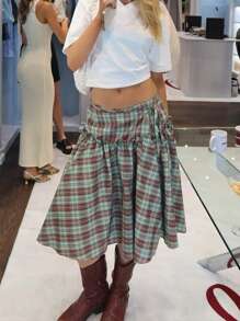 Women's Y2K Plaid Midi Skirts Low Waist Tie Up Half Skirt Skirt Vintage Summer Layered Skirt A Line Skirts Aesthetic Outfit Streetwear