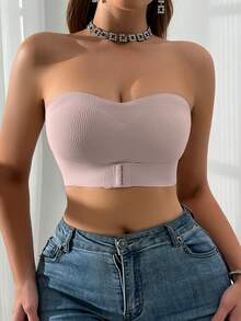 1 件粉色前扣罗纹女士文胸，前钩衬垫文胸，无肩带抹胸，可替换您自己喜欢的罩杯垫 - 粉色 - 查看 4