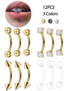 12PCS Curved Barbell Eyebrow Lip Bars Rook Daith Stud 6mm 8mm 10mm Stainless Steel 16G Piercing Jewellery Silver Gold Black