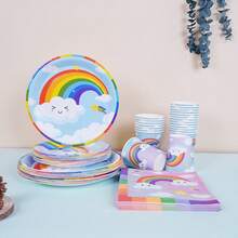 68/10/Set, Rainbow Cloud Themed Party Supplies, Disposable Party Plates, Party Paper Plates. Includes 7-Inch Plates, 9-Inch Plates, Paper Cups, And Tissue Sets. Suitable For 16 People, Picnic Supplies, Birthday Parties, Camping, Decoration, And Celebration Events. Party Gifts, Bridal Gifts, Rainbows, Clouds - Nhiều màu - Xem 2