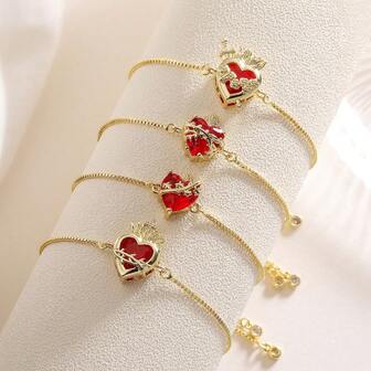 1pc Cross-Border Minimalist 18K Gold Plated Copper Red Zirconia Heart Adjustable Bracelet, & Personalized