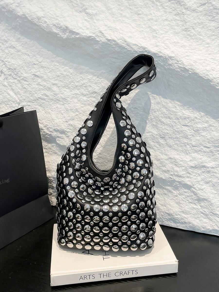 2025 Women's Black Rivet Shoulder Bag Handbag, Fashion Bucket Bag For Work & Commute