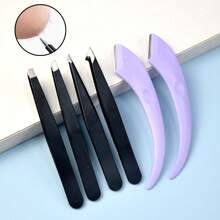 6pcs Stainless Steel Eyebrow Clip Tweezers Set, Includes 2pcs Crescent Eyebrow Razors, Makeup Tool Grooming For Women