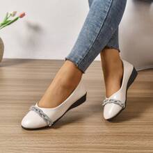 Women's Spring Low Vamp Slip-On Flat Shoes, New 2025 Model, Beige Soft Leather Loafers, Comfortable Wide Fit Round Toe Wedge Heel, Plus Size, Rhinestone Decor