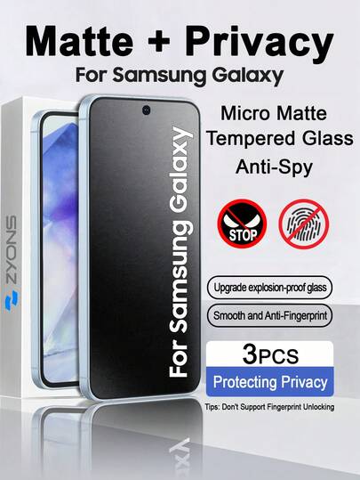 ZYONS 3 件适用于 Galaxy 的隐私磨砂屏幕保护膜，兼容三星 Galaxy A17/A07A56/A55/A54/A53/A52/A36/A35/A34/A33/A32/A26/A25/A24/A23/A22/A16/A15/A14/A13/A12/A06/A05/A04/A03/A02/S25/S24FE/S23/S22/M05/F05 系列，防眩光磨砂防窥视钢化玻璃磨砂防偷窥全覆盖细腻触感防指纹易于安装防摔游戏伴侣光滑油