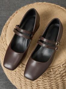 Women's 3cm Cloth Covered Heel Black Fashion Versatile Navy Blue Seasonal Coffee Mary Jane Wine Red Chunky Heel Flats